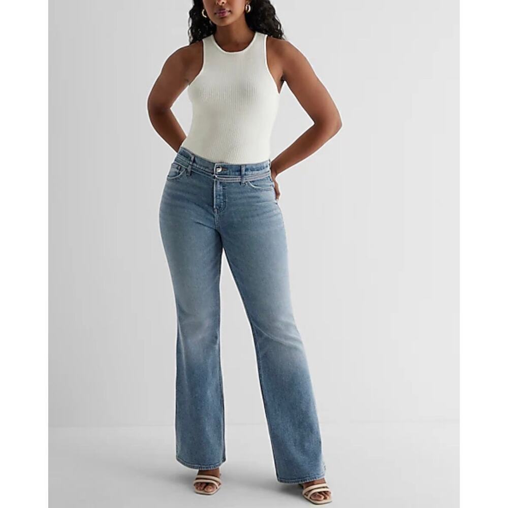 Express Woman Mid Rise Medium Wash Belted '70s Flare Jeans, Size 14R